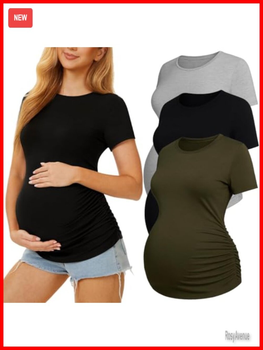 3 Pack Womens Maternity Shirts Crew Neck Short Sleeve Ruched Tops
